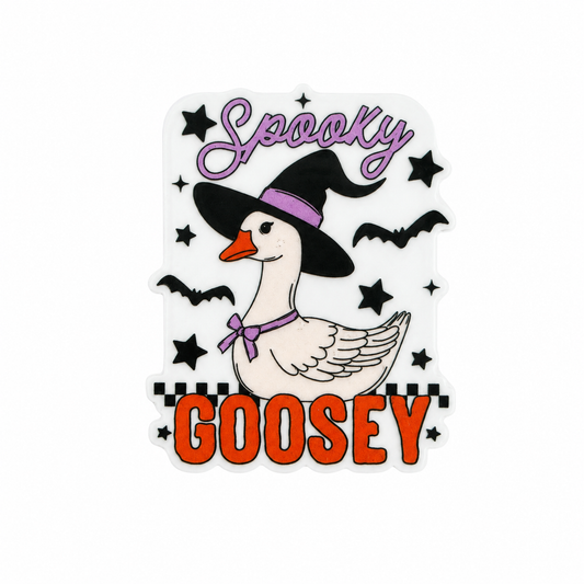 Spooky Goosey plastic add-on featuring a goose wearing a witch hat with bats and stars, compatible with interchangeable badge reel bases and perfect for Halloween lovers.