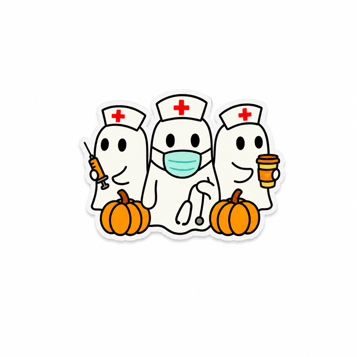 Spooky nurse ghost trio plastic add-on with pumpkins compatible with interchangeable badge reel bases