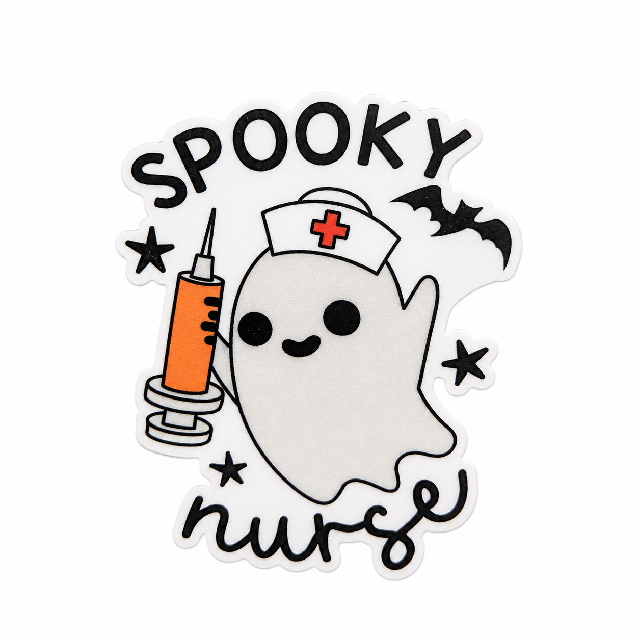 SPOOKY nurse plastic add-on with ghost nurse, syringe, bats, and stars, compatible with interchangeable badge reel bases.