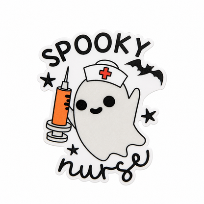 SPOOKY nurse plastic add-on with ghost nurse, syringe, bats, and stars, compatible with interchangeable badge reel bases.