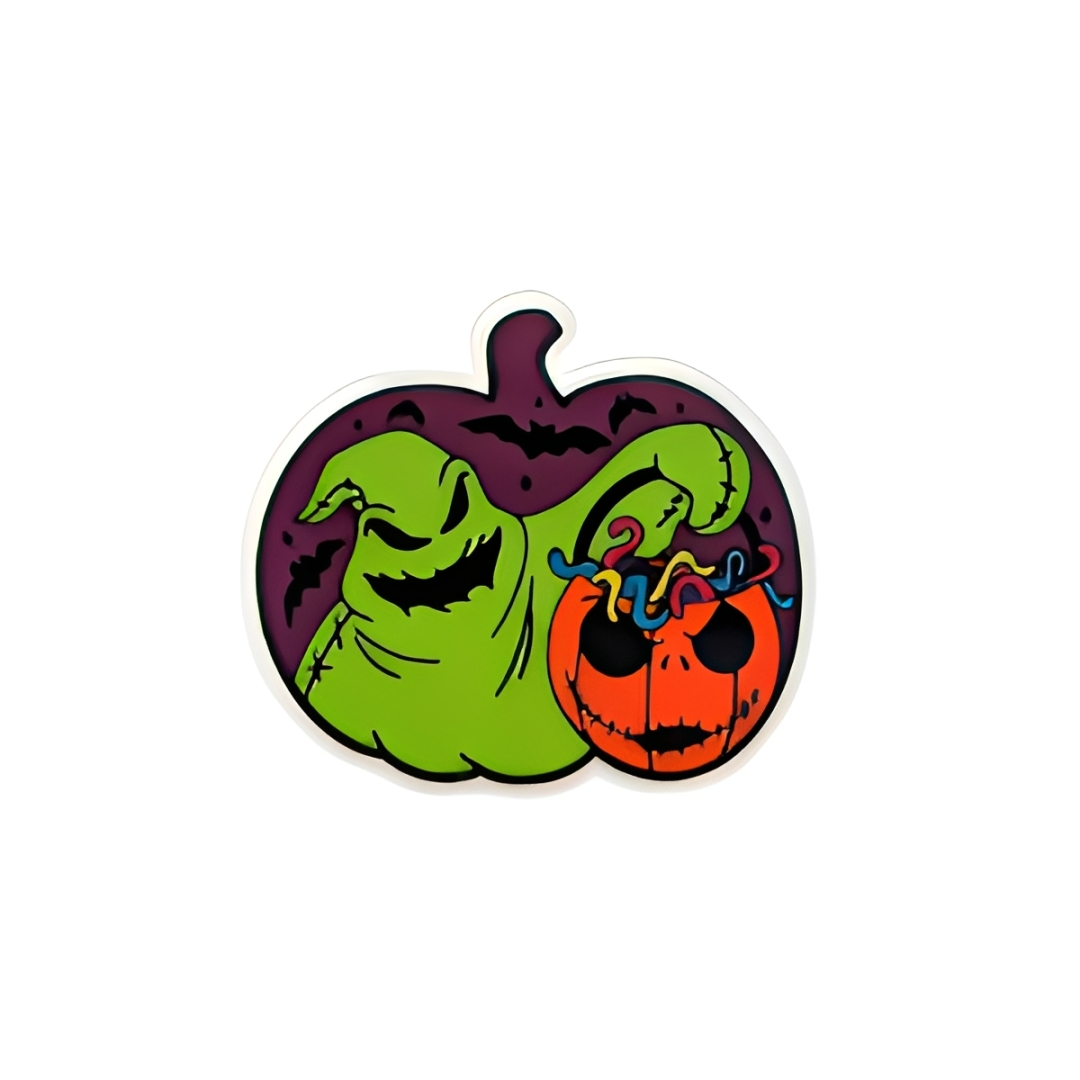 Spooky pumpkin monster plastic add-on with Halloween aesthetic compatible with interchangeable badge reel bases