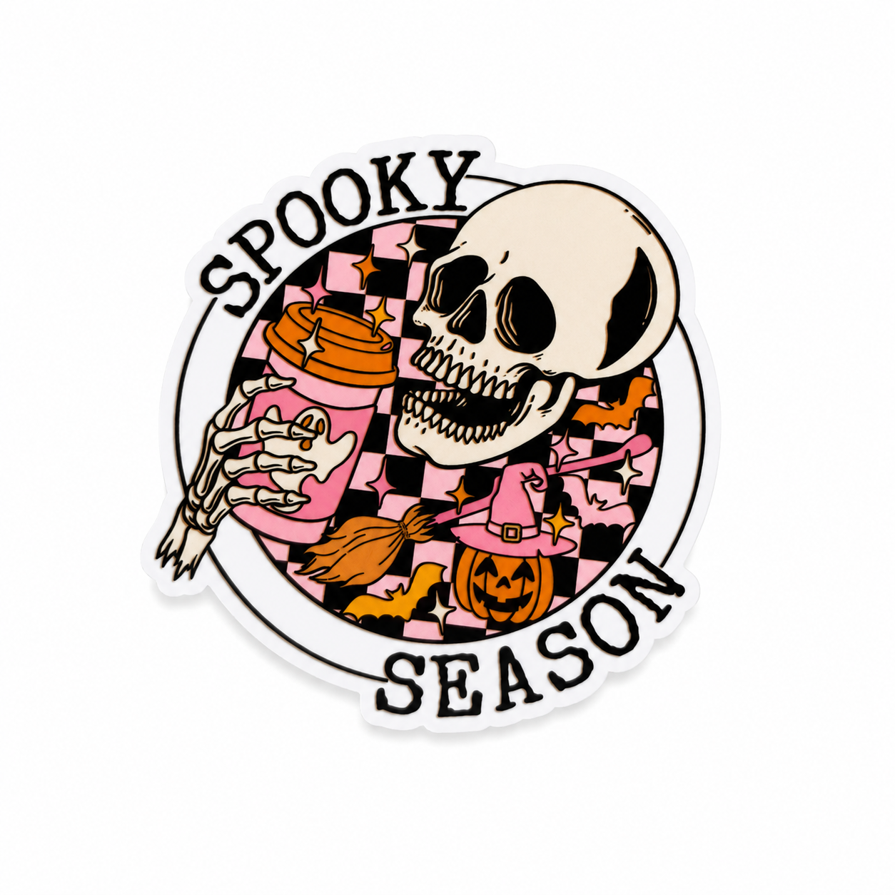 Spooky Season plastic add-on with skeleton hand holding a pink drink, bats, pumpkin, witch hat, and Halloween details, compatible with interchangeable badge reel bases
