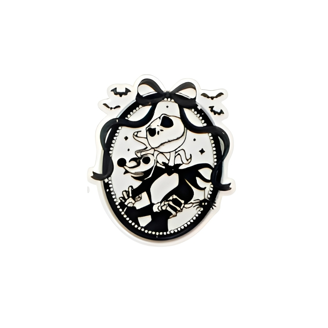 Spooky skeleton cameo plastic add-on with gothic Halloween aesthetic compatible with interchangeable badge reel bases