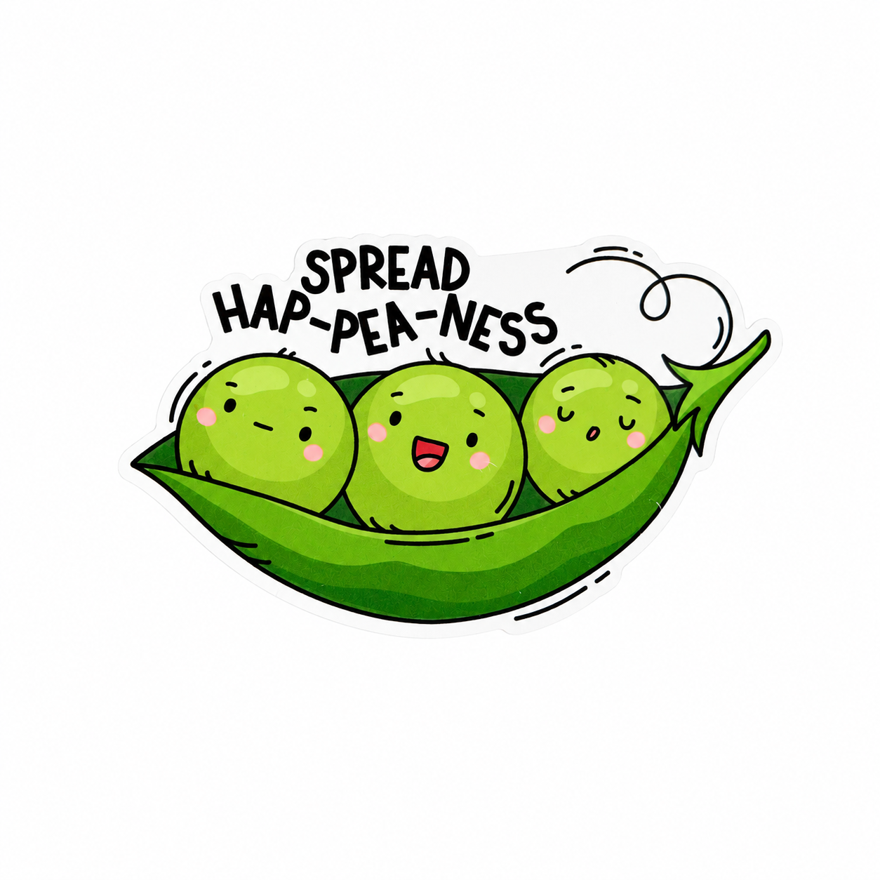 Spread Hap-Pea-Ness plastic add-on featuring three smiling peas in a pod, compatible with interchangeable badge reel bases, cute pun accessory and positive message badge topper