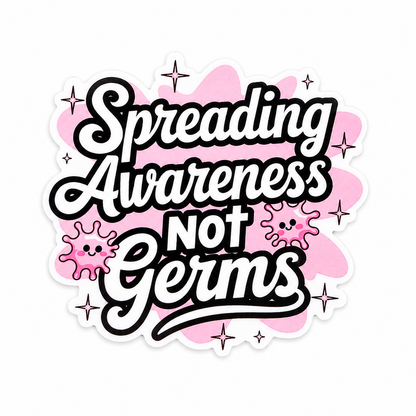 Spreading Awareness Not Germs plastic add-on featuring pink germ illustrations and sparkly accents, compatible with interchangeable badge reel bases, perfect as a funny nurse badge accessory and healthcare worker accessory