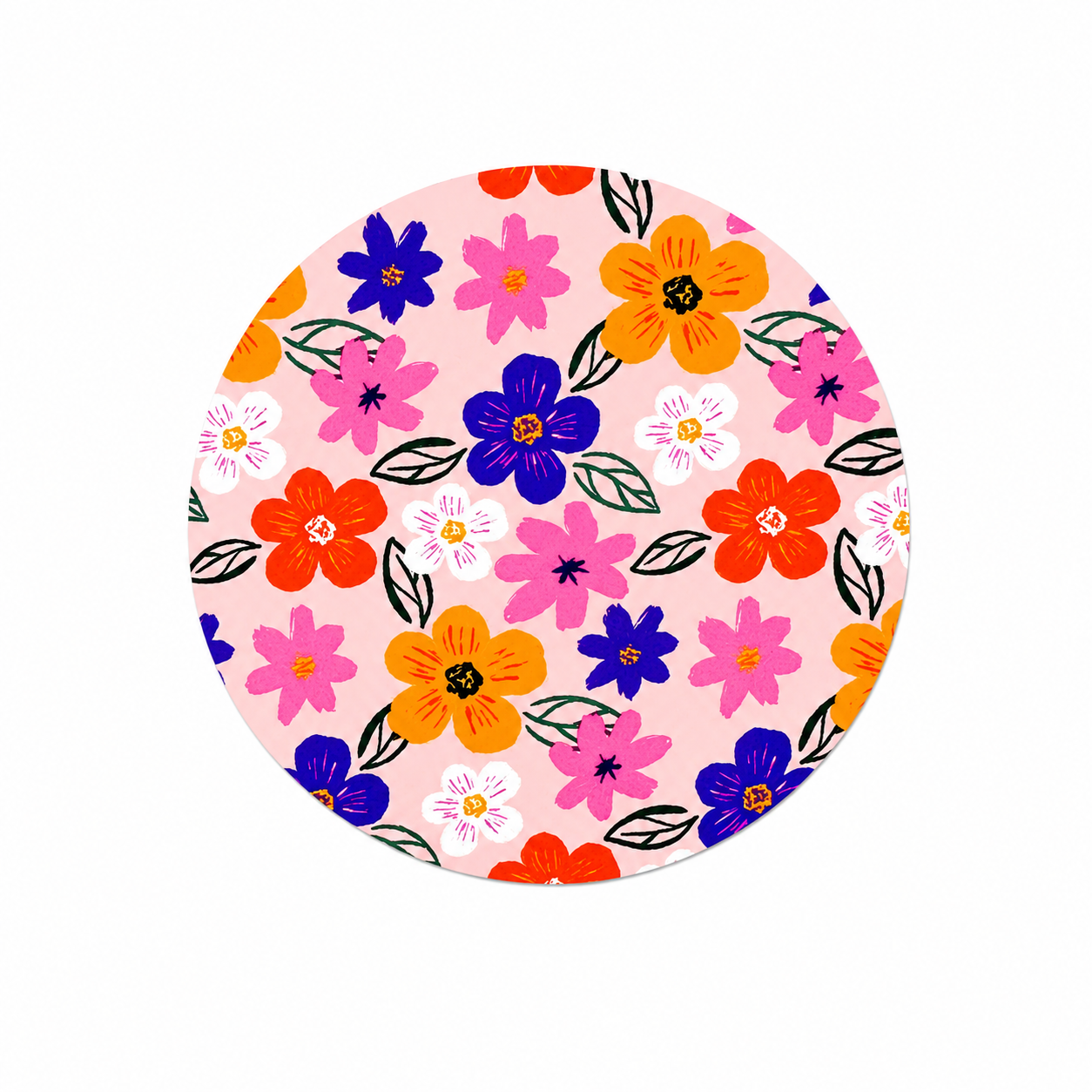 Colorful floral hard board add-on featuring pink, orange, purple, red, and white flowers on blush pink, compatible with interchangeable badge reel bases.