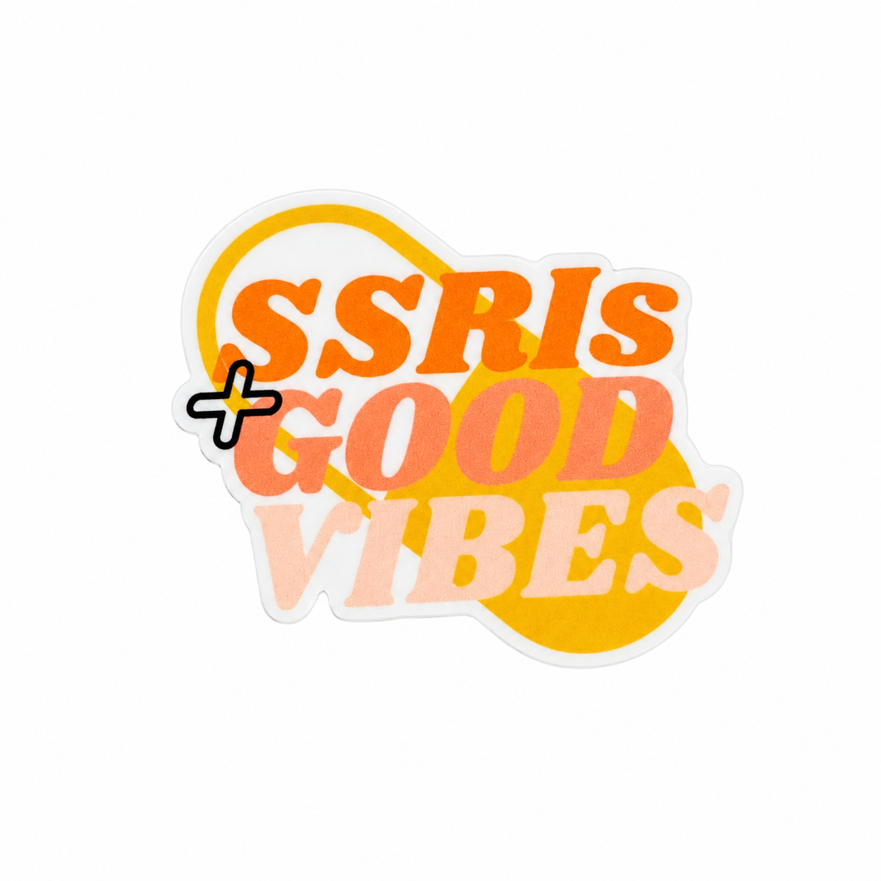 SSRIs + GOOD VIBES plastic add-on featuring retro pastel lettering, compatible with interchangeable badge reel bases and mental health wellness accessories