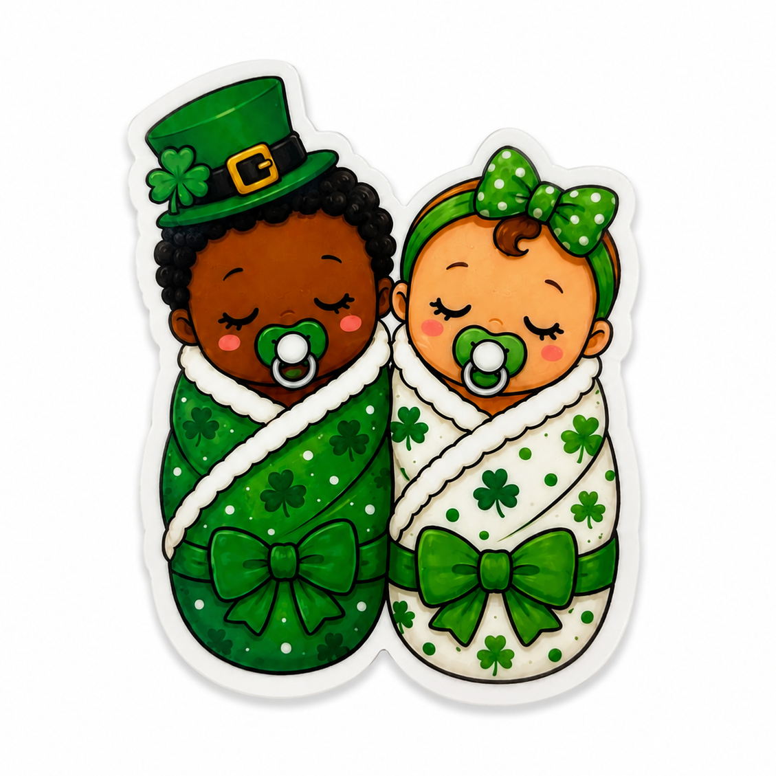 St. Patrick's Day Baby plastic add-on featuring two swaddled babies in shamrock blankets, compatible with interchangeable badge reel bases for NICU and Labor & Delivery staff.