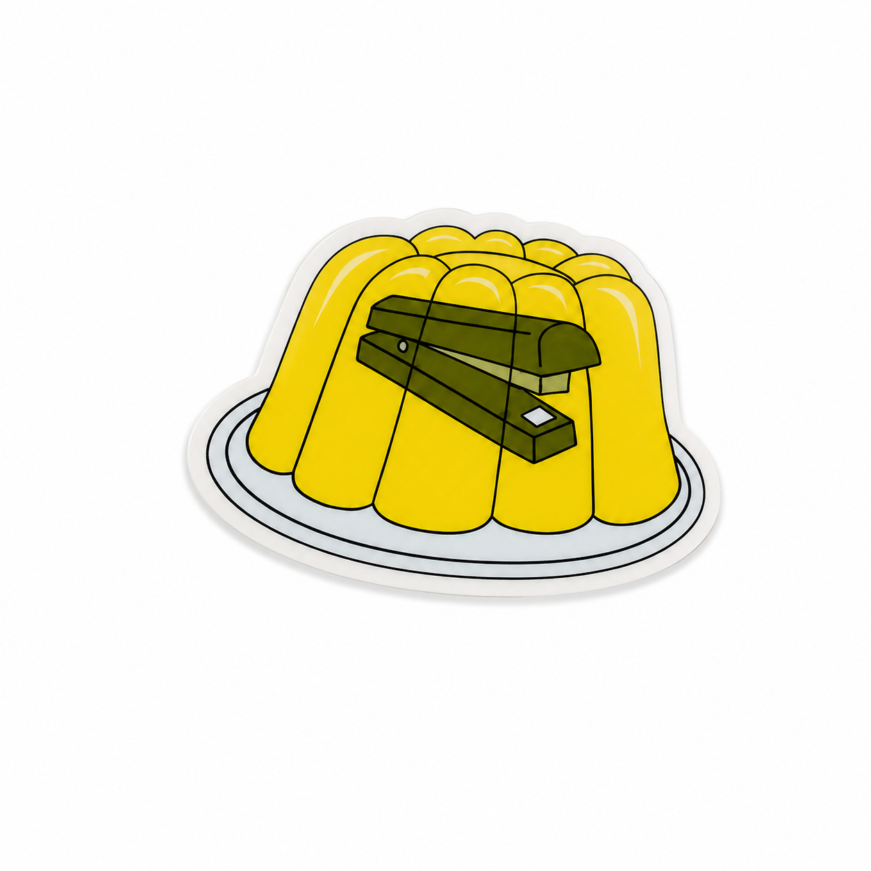 Stapler in jello plastic add-on featuring a funny office-inspired dessert design for compatible interchangeable badge reel bases, humorous healthcare worker accessory