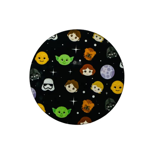 Galaxy-themed hard board add-on featuring cute space-inspired characters, planets, stars, and a cosmic background, compatible with interchangeable badge reel bases.