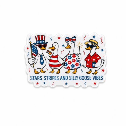 Stars Stripes and Silly Goose Vibes durable plastic shoe charm featuring patriotic geese in festive Americana outfits with red white and blue details