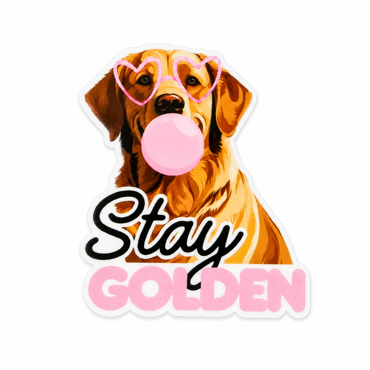 Stay Golden plastic add-on featuring a golden retriever wearing heart-shaped glasses and blowing bubble gum, compatible with interchangeable badge reel bases and perfect for dog lovers, nurses, and healthcare workers