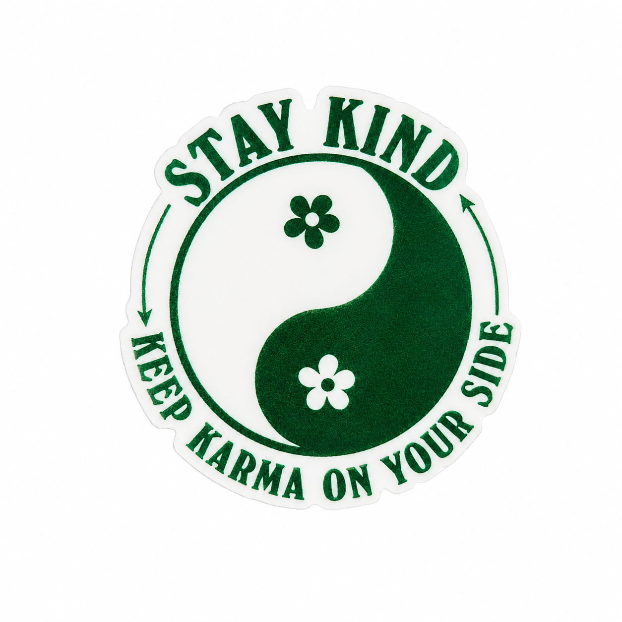 STAY KIND KEEP KARMA ON YOUR SIDE plastic add-on with green yin-yang and flower design, compatible with interchangeable badge reel bases for positive vibes accessory style.