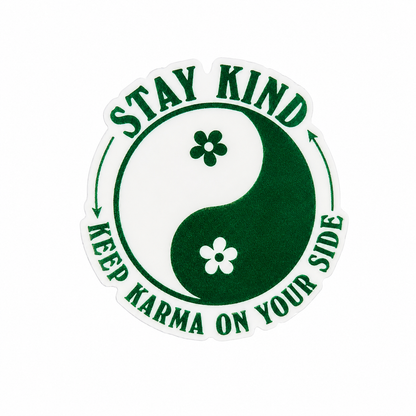 STAY KIND KEEP KARMA ON YOUR SIDE plastic add-on with green yin-yang and flower design, compatible with interchangeable badge reel bases for positive vibes accessory style.
