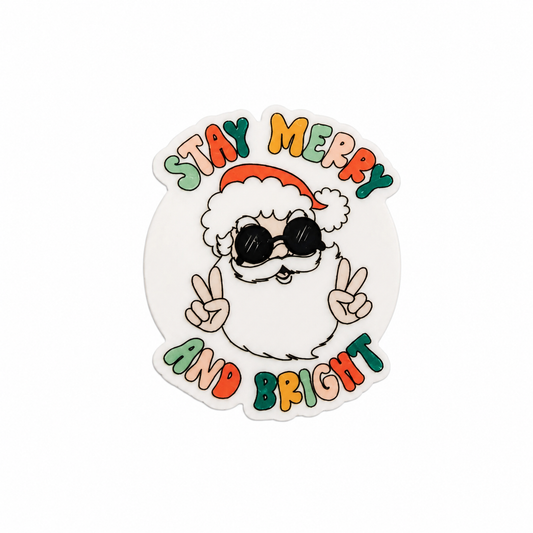 Stay Merry and Bright plastic add-on featuring a sunglasses-wearing Santa making peace signs, compatible with interchangeable badge reel bases.
