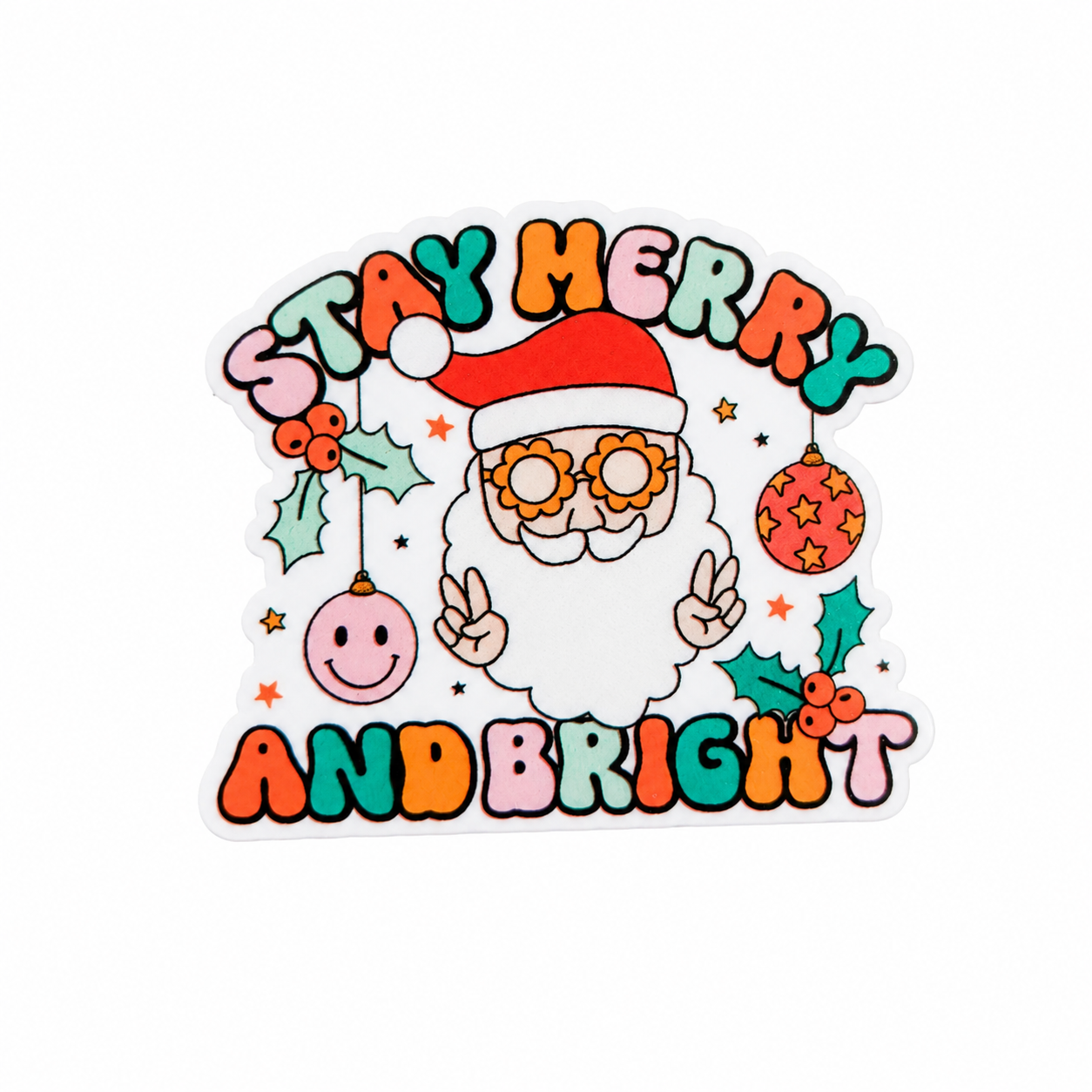 Stay Merry And Bright plastic add-on with cute Santa, ornaments, holly, and colorful Christmas details, compatible with interchangeable badge reel bases