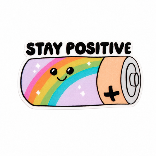 Stay Positive plastic add-on with smiling rainbow battery design, compatible with interchangeable badge reel bases