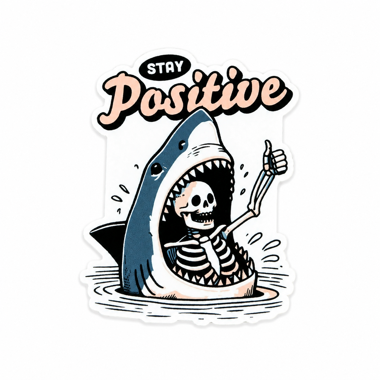 Stay Positive plastic add-on featuring a skeleton giving a thumbs up inside a shark's mouth, compatible with interchangeable badge reel bases and ideal as a funny nurse badge accessory and healthcare worker accessory