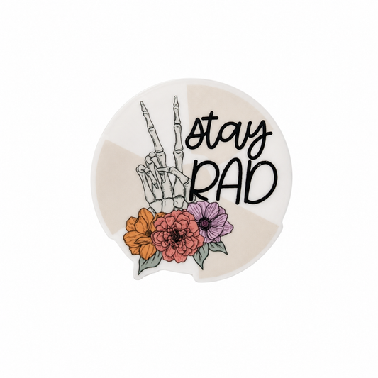 Stay Rad plastic add-on featuring a skeleton hand peace sign with colorful flowers, compatible with interchangeable badge reel bases.
