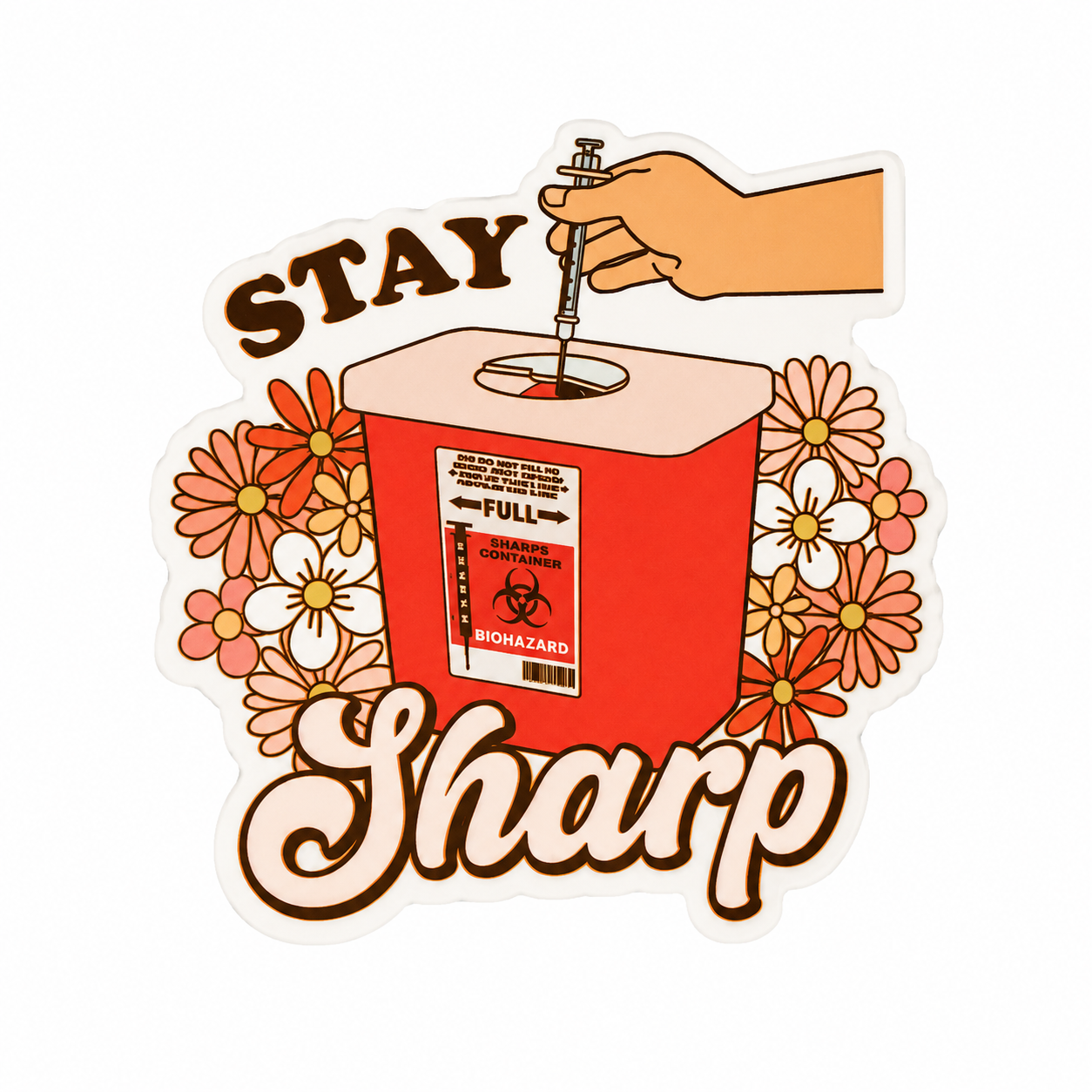 STAY Sharp plastic add-on with sharps container, syringe, and floral medical design, compatible with interchangeable badge reel bases.