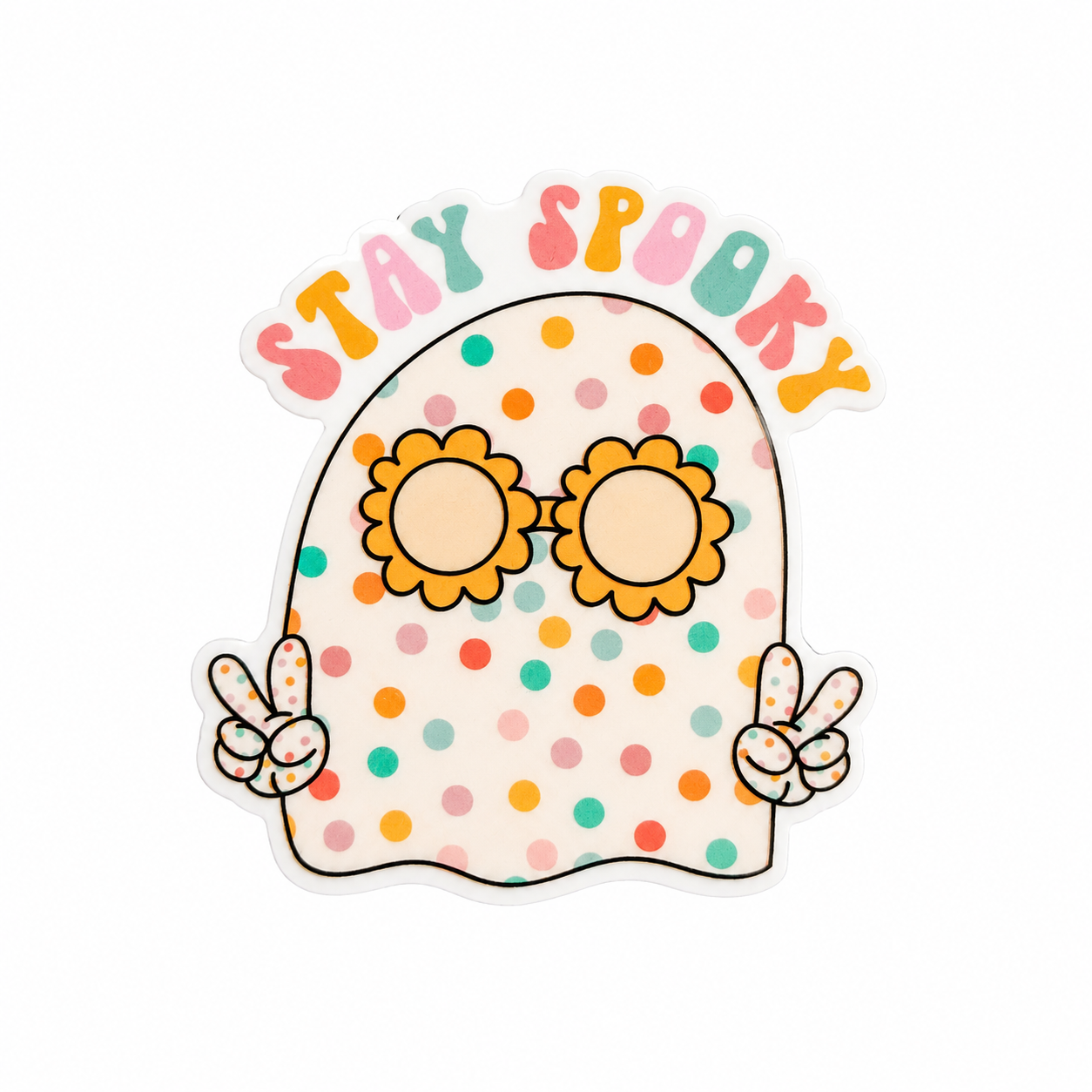 STAY SPOOKY plastic add-on with cute ghost, colorful polka dots, sunflower glasses, and peace signs, compatible with interchangeable badge reel bases.