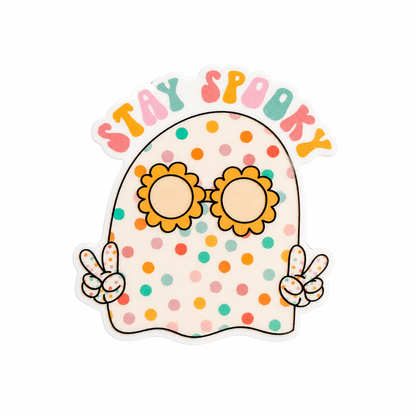 STAY SPOOKY plastic add-on with cute ghost, colorful polka dots, sunflower glasses, and peace signs, compatible with interchangeable badge reel bases.