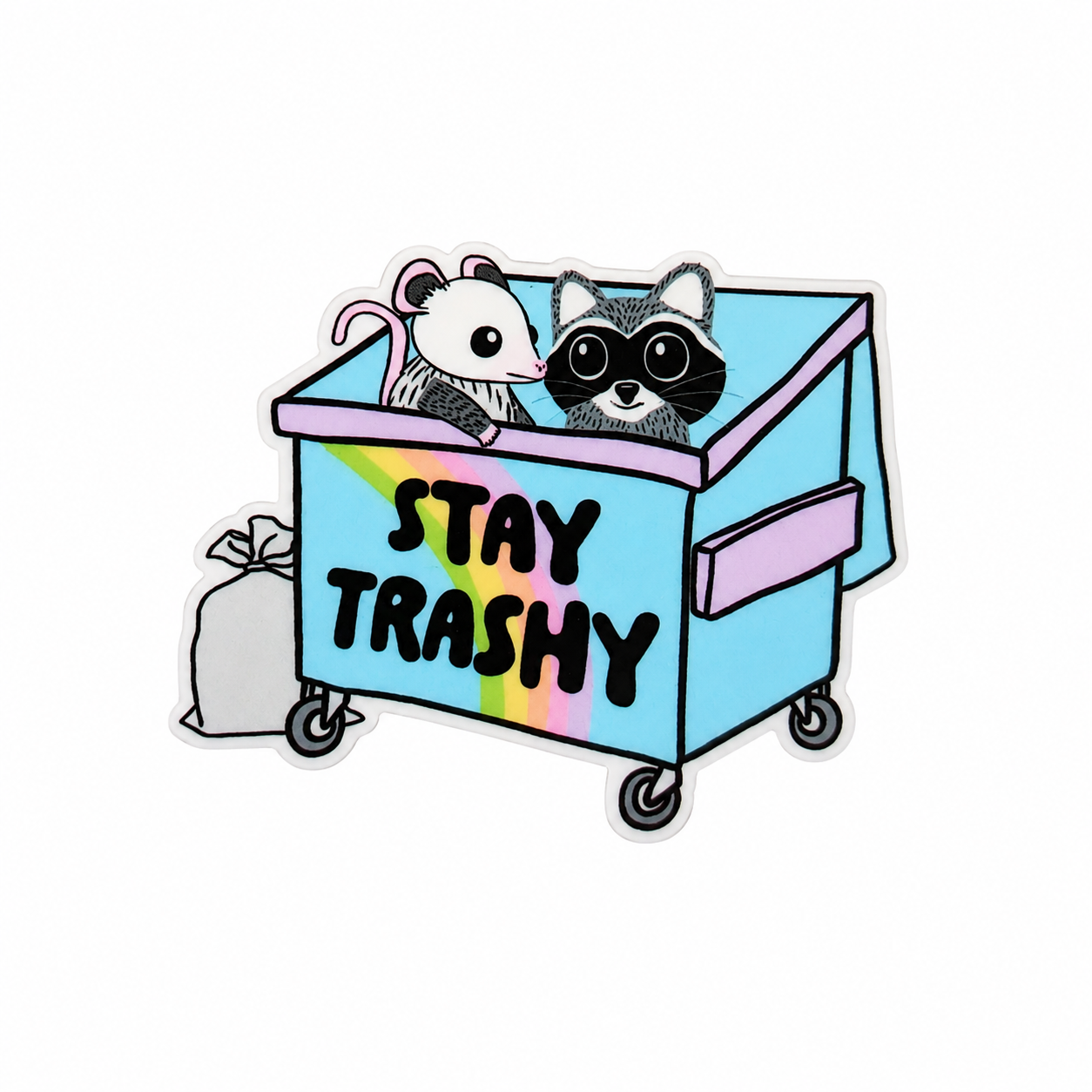 Plastic add-on featuring the text STAY TRASHY with a raccoon and opossum sitting in a dumpster, compatible with interchangeable badge reel bases and perfect for animal lovers.