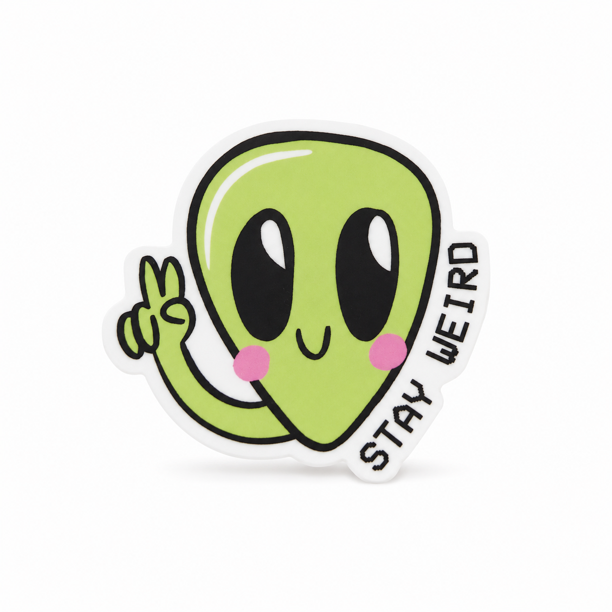 Stay Weird plastic add-on with a cute green alien giving a peace sign, an alien lover gift compatible with interchangeable badge reel bases.