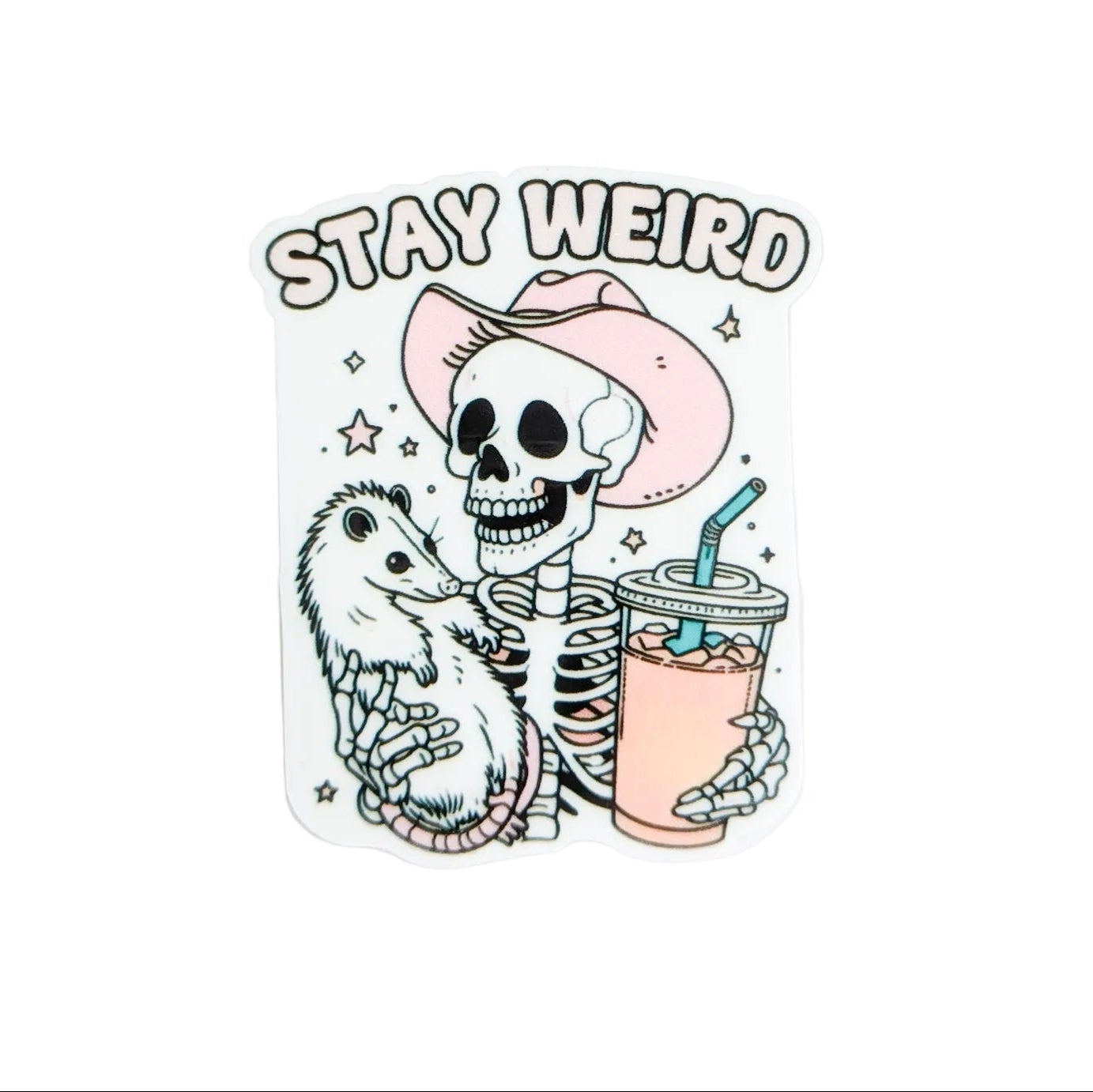 STAY WEIRD plastic add-on featuring a skeleton in a pink cowboy hat holding an opossum and drink, compatible with interchangeable badge reel bases, cute spooky animal lover accessory
