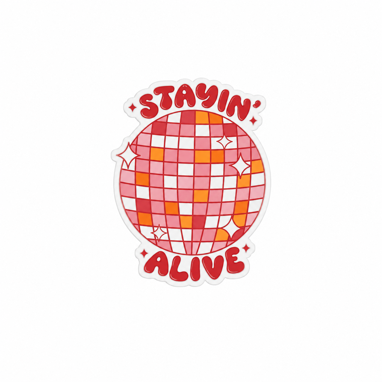 STAYIN' ALIVE plastic add-on with pink disco ball and sparkles, compatible with interchangeable badge reel bases for a retro disco accessory.