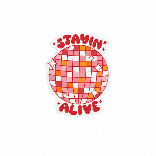 STAYIN' ALIVE plastic add-on with pink disco ball and sparkles, compatible with interchangeable badge reel bases for a retro disco accessory.