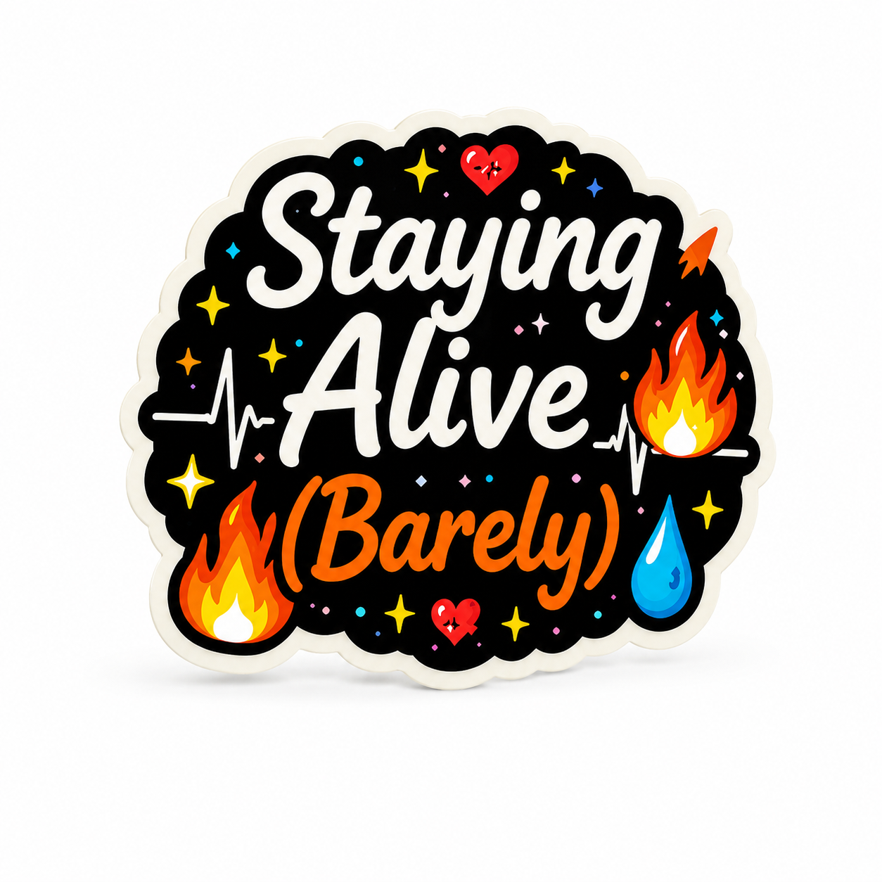 Staying Alive (Barely) plastic add-on with heartbeat lines, flames, broken hearts, sparkles, and a sweat drop, a funny nurse accessory compatible with interchangeable badge reel bases.