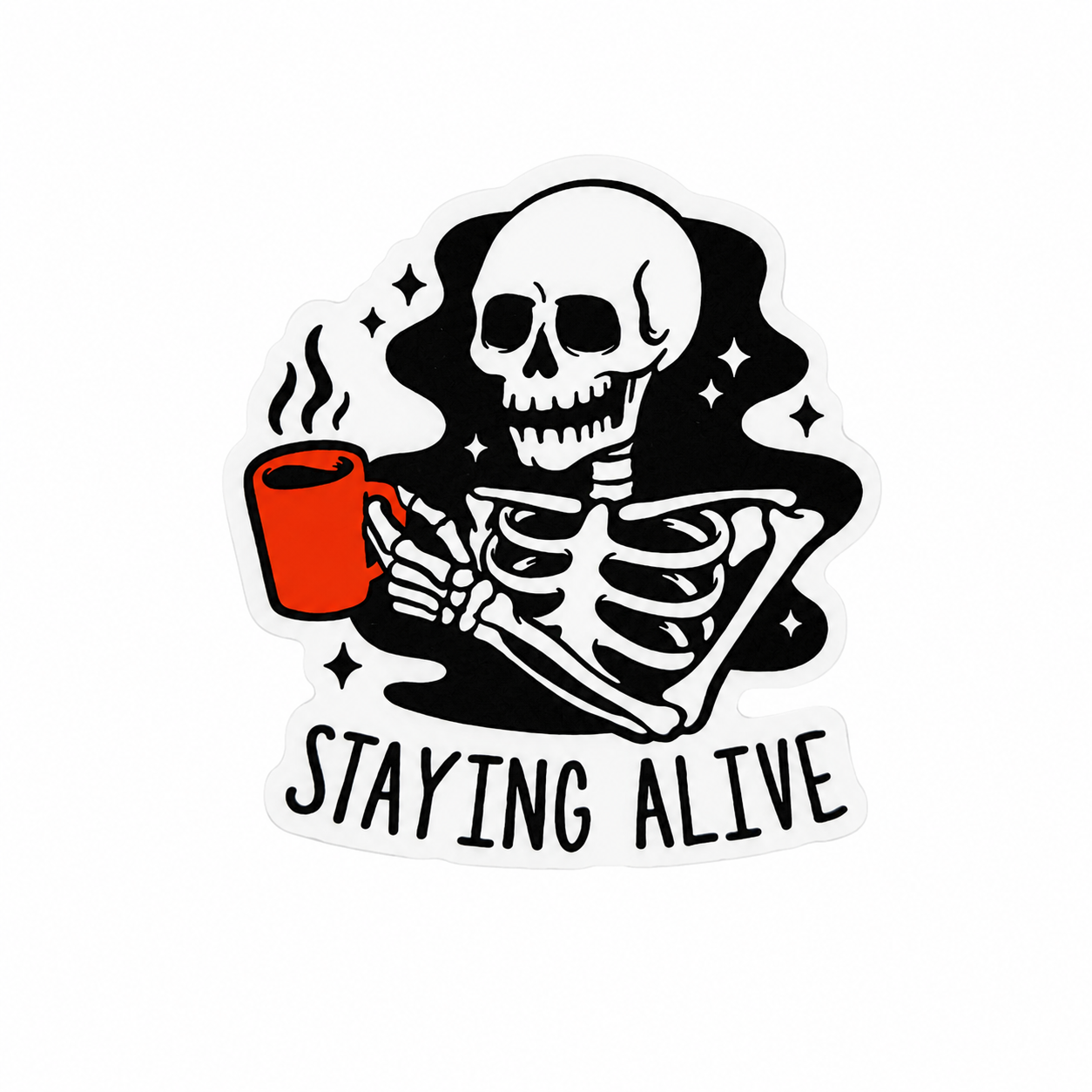 STAYING ALIVE plastic add-on with skeleton holding red coffee mug, compatible with interchangeable badge reel bases for funny spooky coffee accessory.