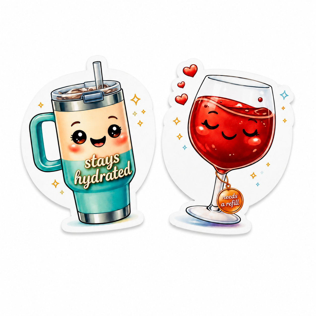 Cute matching drink-themed plastic add-on set for badge reels featuring hydration and refill humor designs