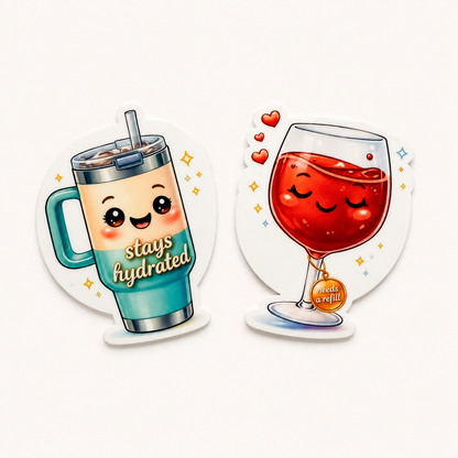 Cute matching drink-themed plastic add-on set for badge reels featuring hydration and refill humor designs