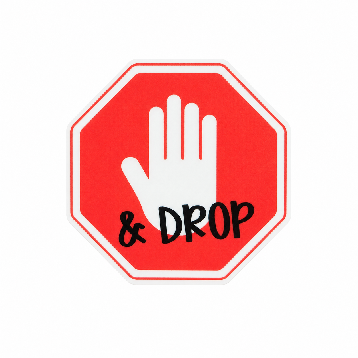 STOOP & DROP plastic add-on featuring a red stop sign design with a raised hand symbol, compatible with interchangeable badge reel bases, funny work accessory