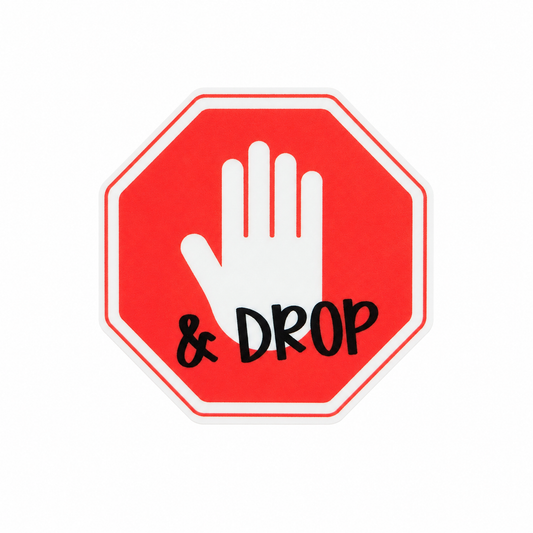 STOOP & DROP plastic add-on featuring a red stop sign design with a raised hand symbol, compatible with interchangeable badge reel bases, funny work accessory