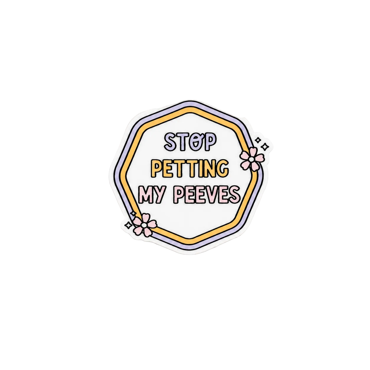 Funny Stop Petting My Peeves plastic badge reel add-on with floral hexagon design and interchangeable backing.