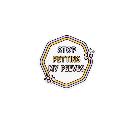 Funny Stop Petting My Peeves plastic badge reel add-on with floral hexagon design and interchangeable backing.