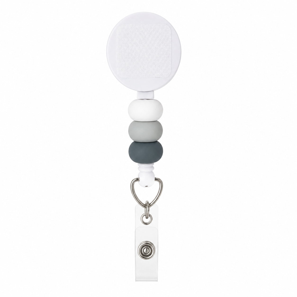 Storm Cloud badge reel featuring white and gray silicone beads with an interchangeable topper area on a retractable beaded badge reel.