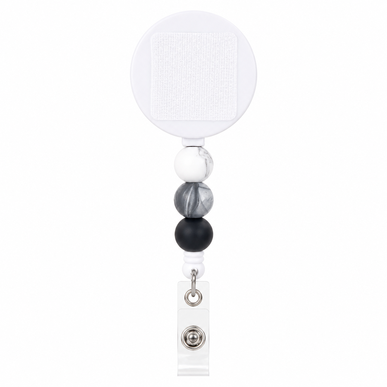 Gray and black beaded badge reel with white, gray marble, and black silicone beads, retractable interchangeable badge reel compatible with plastic and hardboard add-ons.