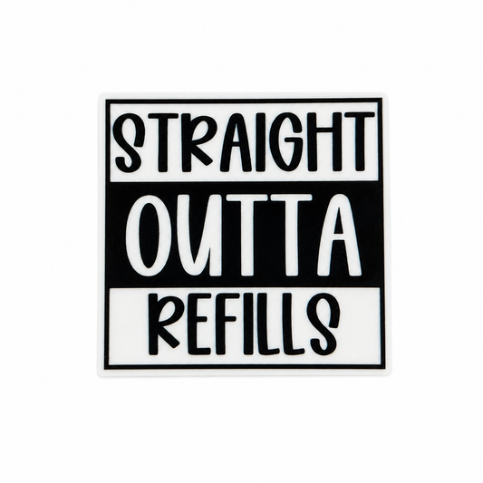 STRAIGHT OUTTA REFILLS plastic add-on featuring bold black and white typography, compatible with interchangeable badge reel bases, funny healthcare worker accessory