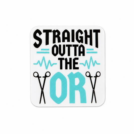 Straight Outta The OR plastic add-on featuring surgical instruments, heartbeat accents, and operating room theme, compatible with interchangeable badge reel bases.