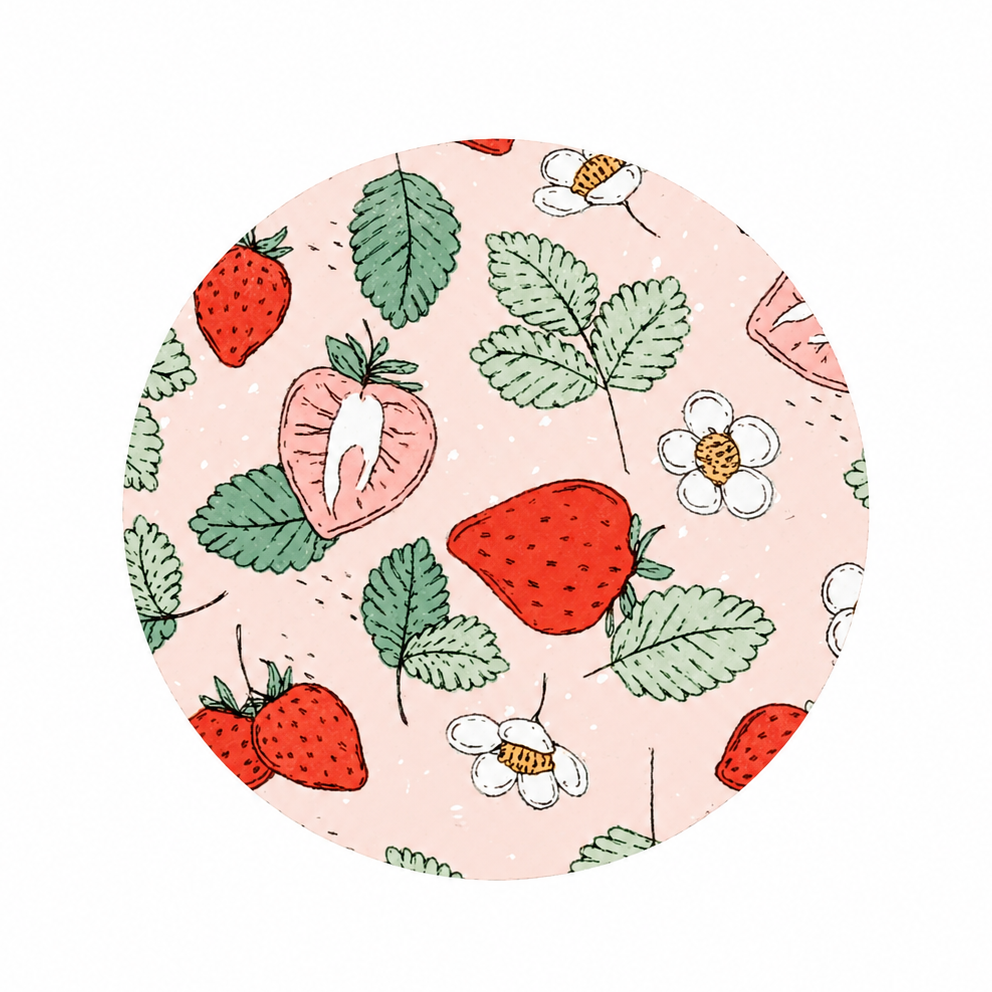 Strawberry floral hard board add-on with red berries, white blossoms and green leaves, compatible with interchangeable badge reel bases for cottage core fans.