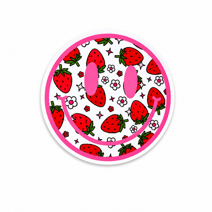 Pink strawberry smiley face plastic add-on with floral and bow details compatible with interchangeable badge reel bases for nurses and healthcare workers.