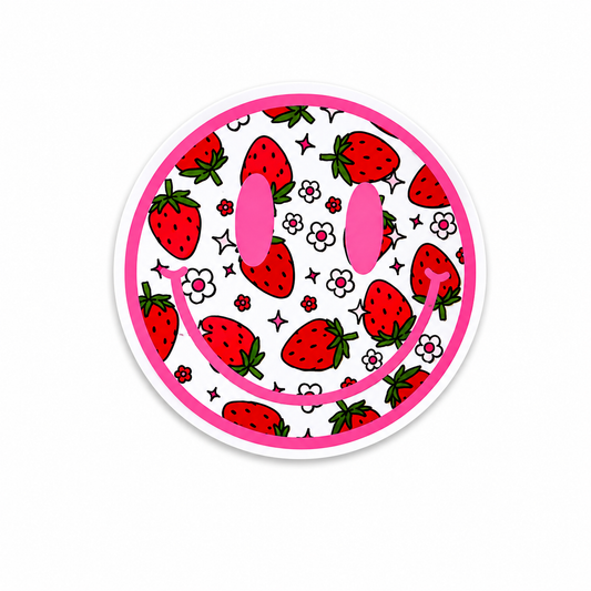 Pink strawberry smiley face plastic add-on with floral and bow details compatible with interchangeable badge reel bases for nurses and healthcare workers.