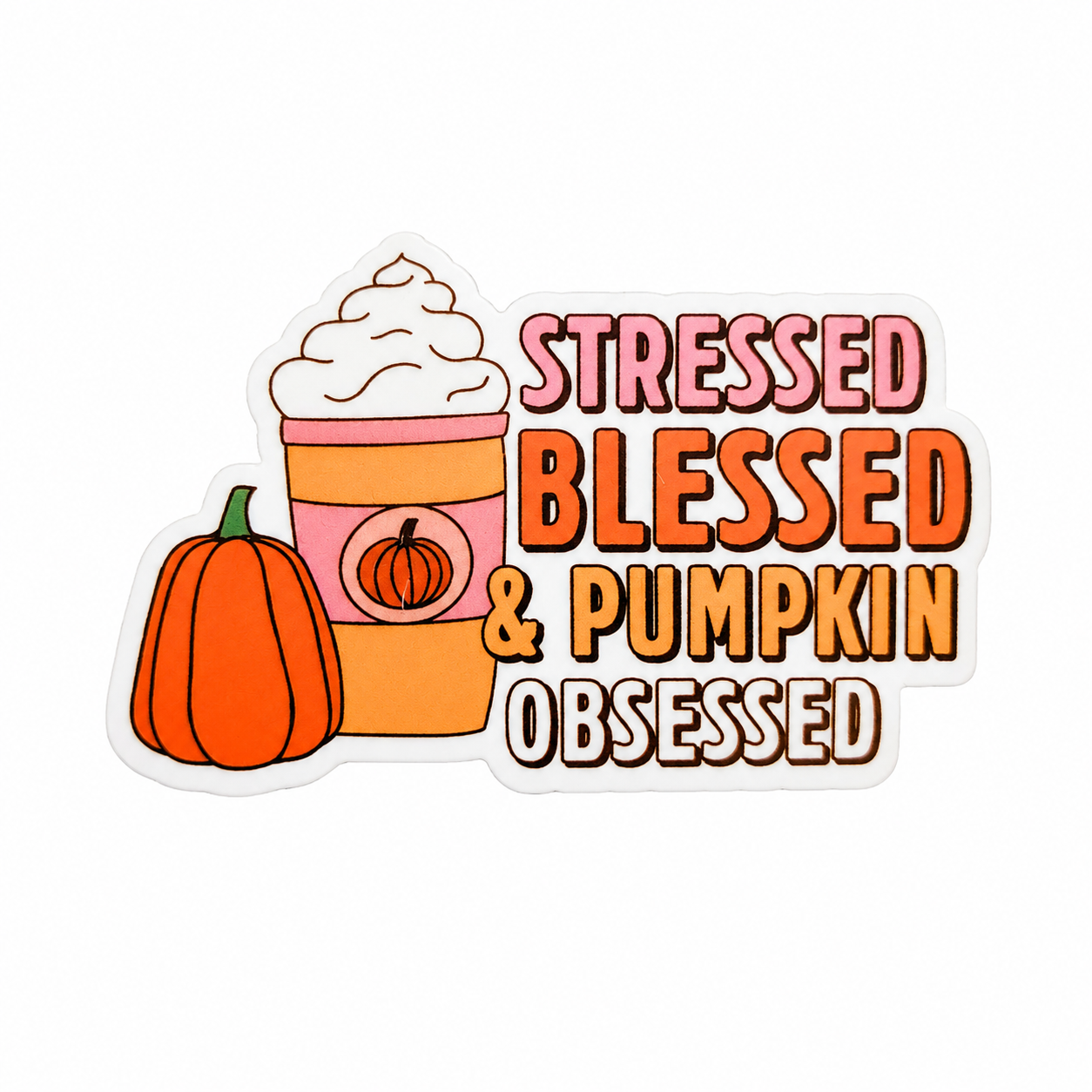 STRESSED BLESSED & PUMPKIN OBSESSED plastic add-on featuring a pumpkin drink and fall pumpkin design, compatible with interchangeable badge reel bases.