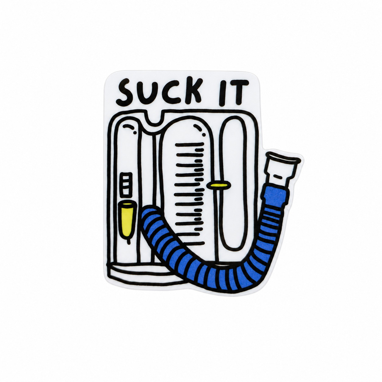 SUCK IT plastic add-on featuring an incentive spirometer design, compatible with interchangeable badge reel bases for respiratory therapists, RTs, and RRTs.