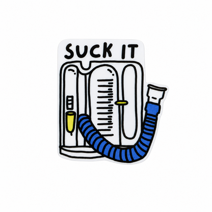 SUCK IT plastic add-on featuring an incentive spirometer design, compatible with interchangeable badge reel bases for respiratory therapists, RTs, and RRTs.
