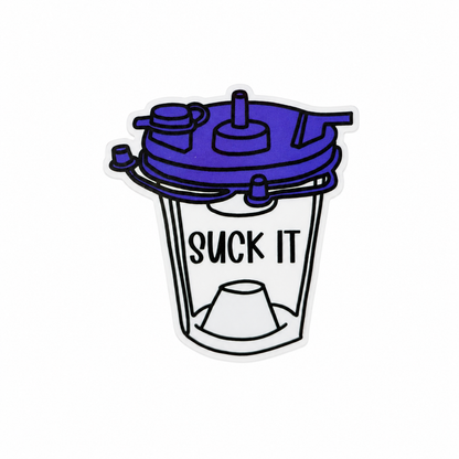 Suck It plastic add-on featuring a suction canister design for respiratory therapists, compatible with interchangeable badge reel bases and perfect as a funny RT badge accessory.